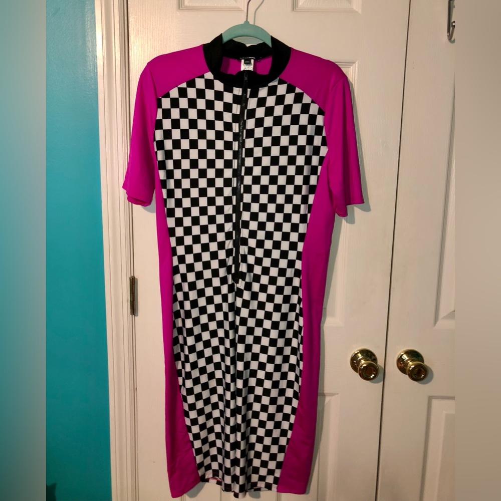 FashionNova Motocross Romper, Size: 1X, Color: Fuschia w/Black/White Checkered